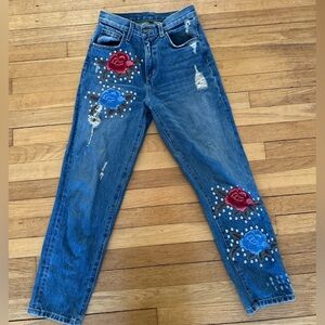 Embroidered Blue Carmar Jeans with Floral Design